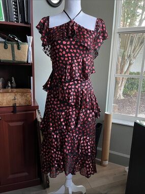 Alice + Olivia Black Dress with Red Heart Print and Ruffle Tiers